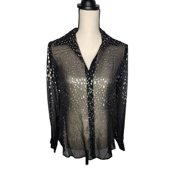 L'AGENCE Black Sheer Metallic Dots Long Sleeve Button Blouse XS/T - Picture 2 of 8